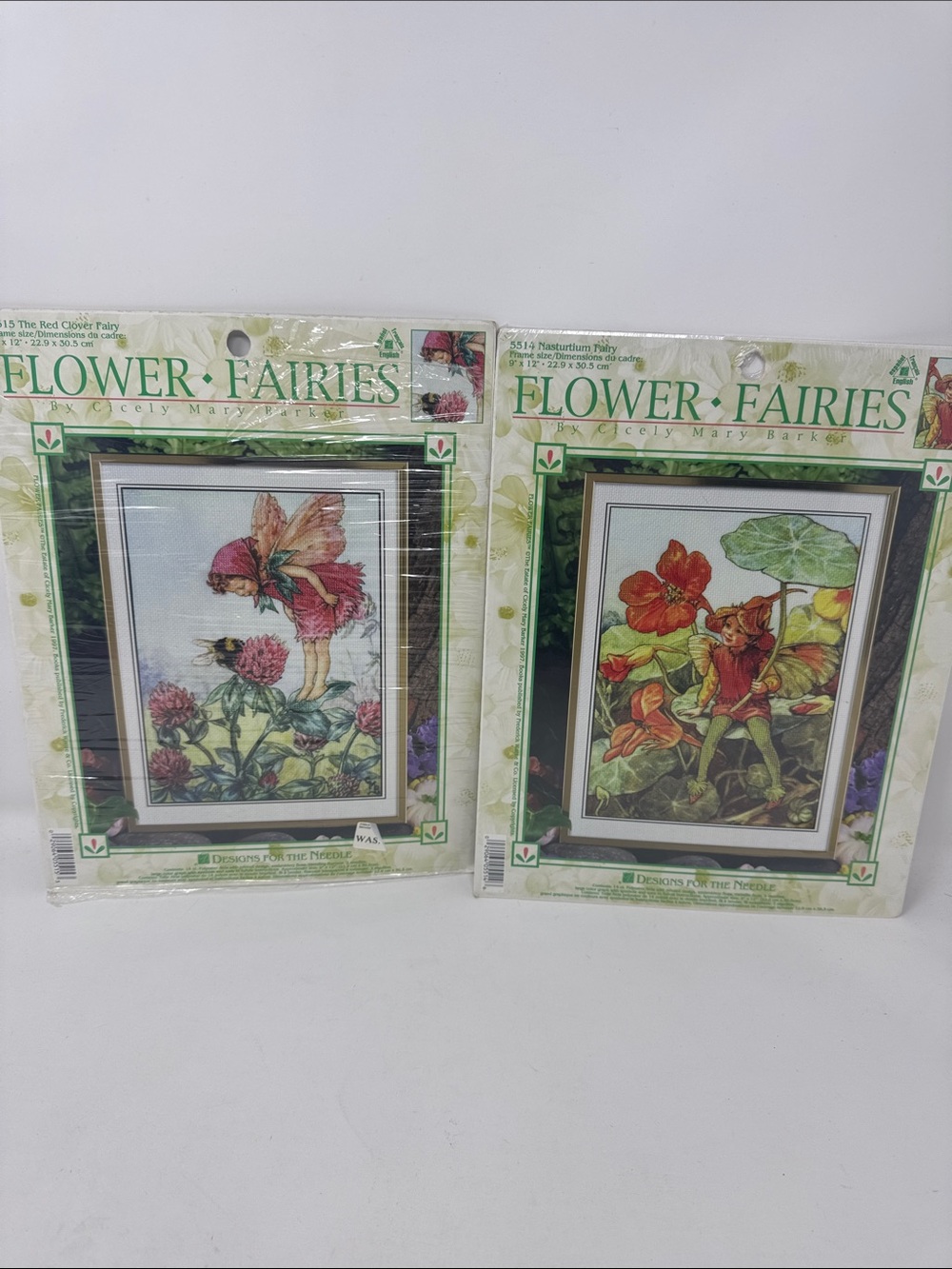 FLOWER FAIRIES EMBROIDERY KITS NASTURTIUM & RED CLOVER FAIRY LOT 2 VINTAGE 90S